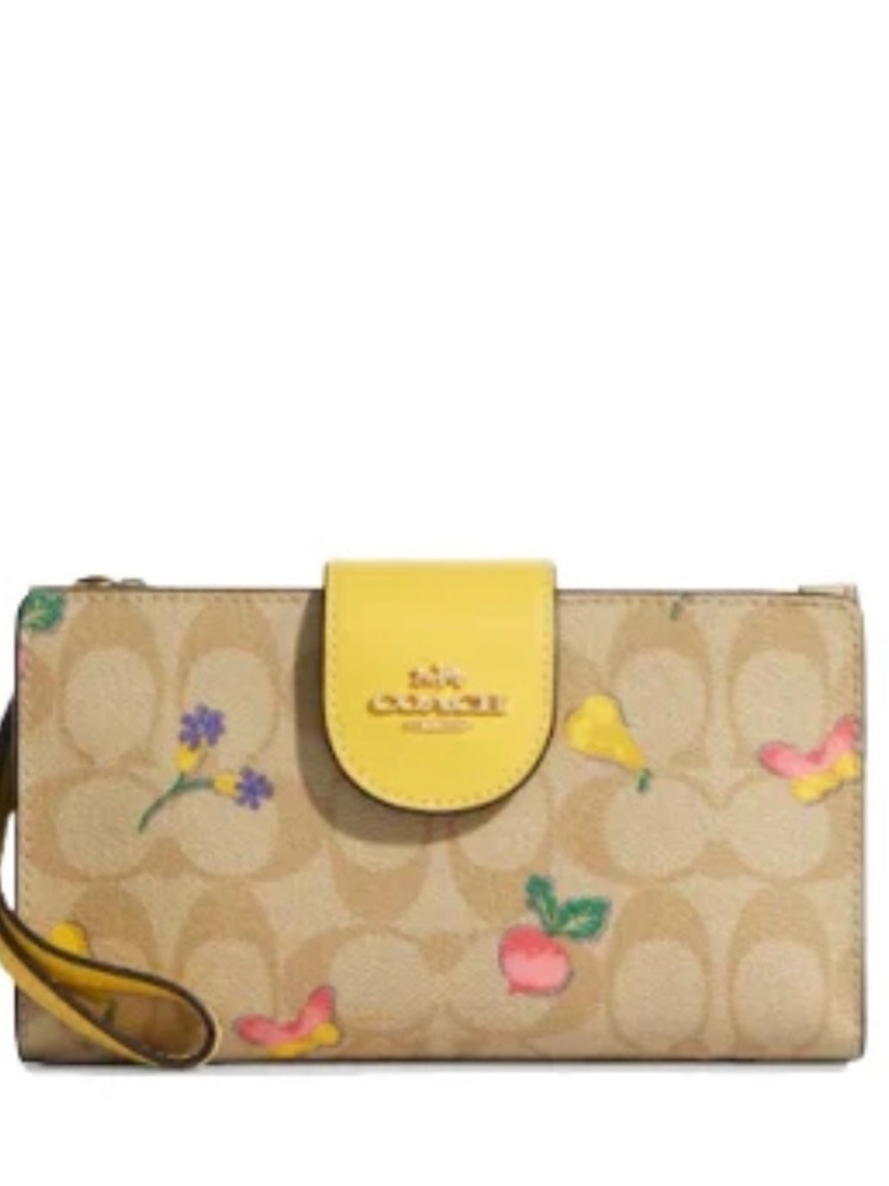 Coach Beige Signature Floral & Fruit Wristlet with Yellow Tab